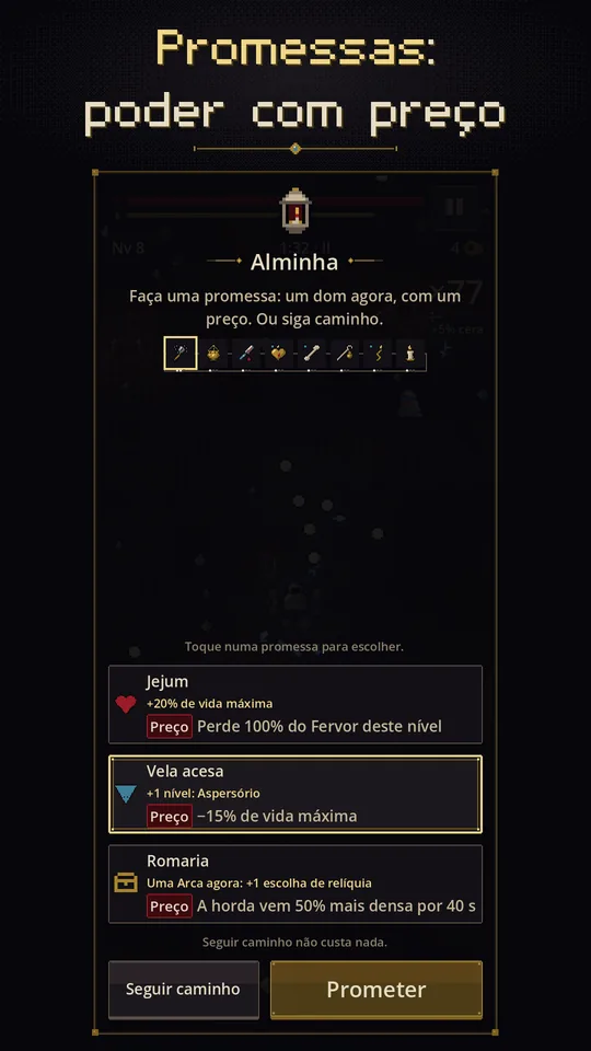 “Promessas: poder com preço”: a Alminha com três promessas, cada uma com o seu preço.